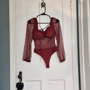 Elegant Burgundy Sheer Rhinestoned Bodysuit Top